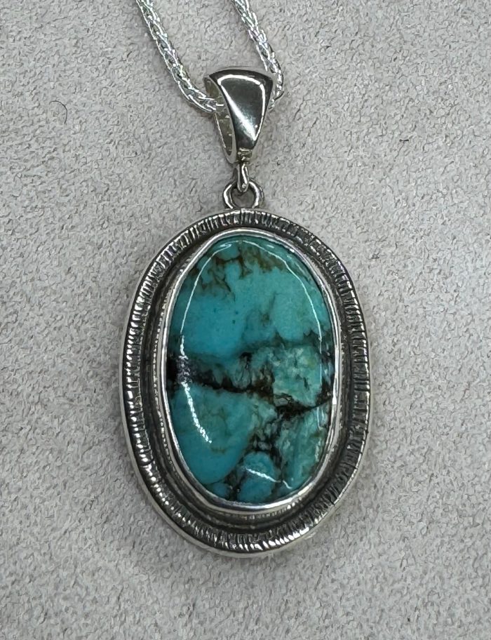One of a Kind Chip Hammered Turquoise Pendant
